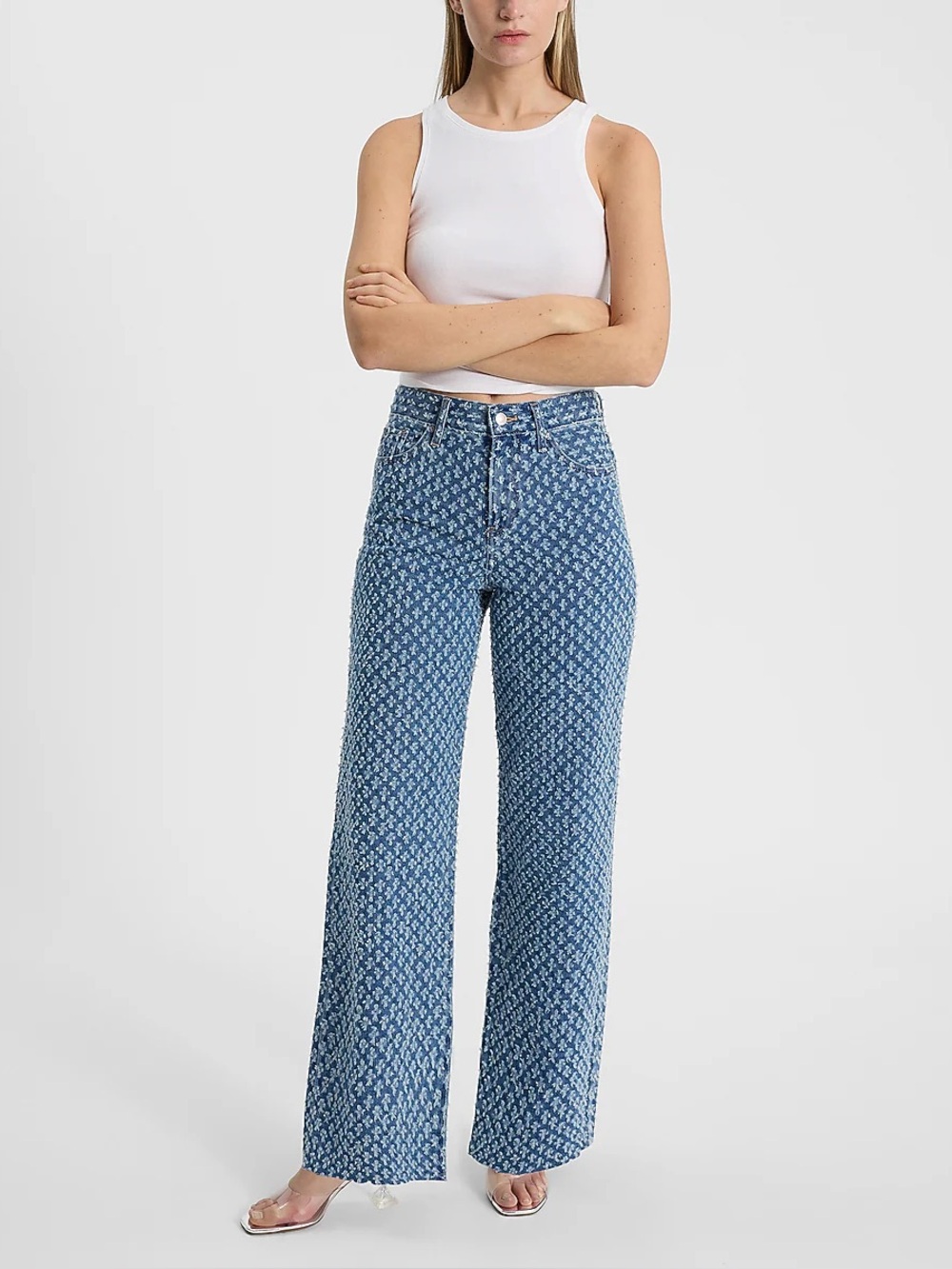 Express Women’s High Waisted Medium Wash Distressed Wide Leg Jeans - Size 2 Long